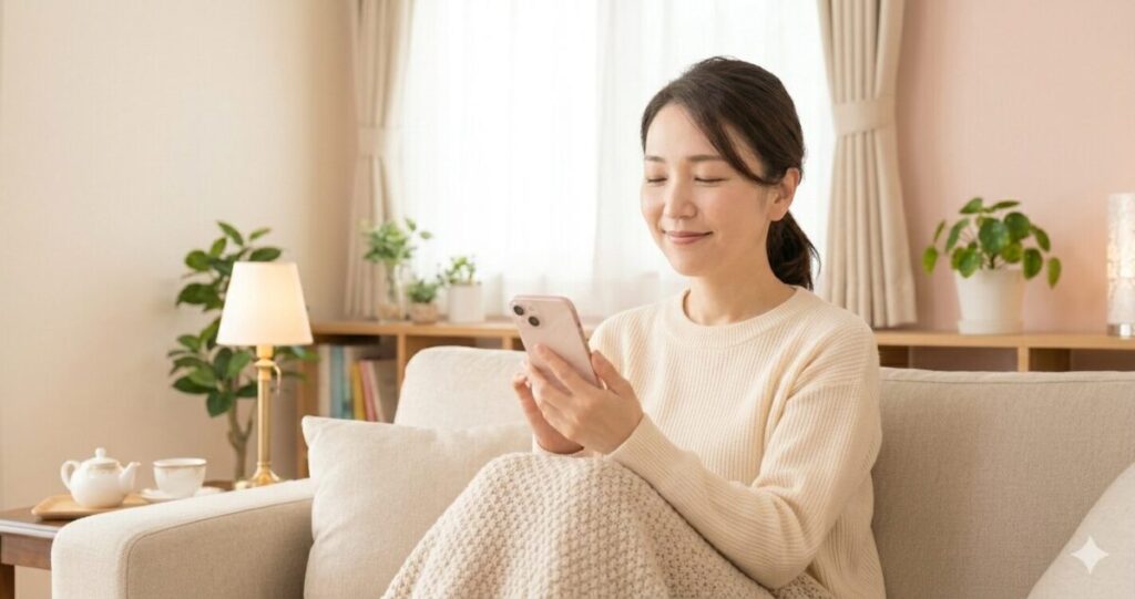 電話占いヴェルニをスマホを見て安心している女性
・ホッとしている表情
