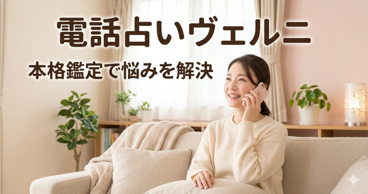 「電話占いヴェルニ」「本格鑑定で悩みを解決」電話占いの安心感・信頼性 ・女性がスマートフォンで相談している・リラックスした穏やかな表情