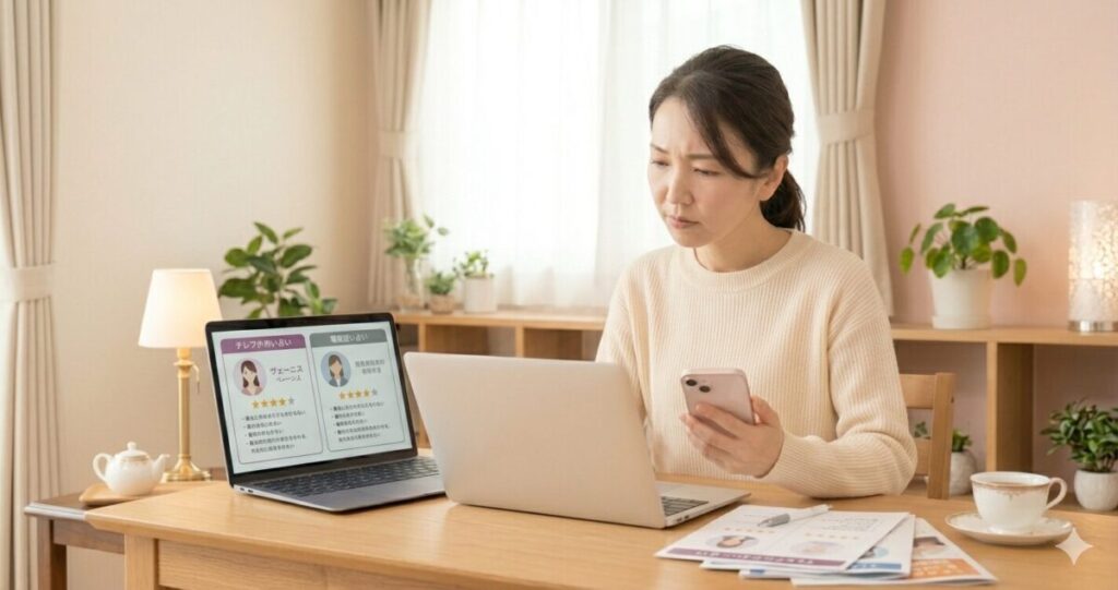 電話占いヴェルニで比較検討、スマホを見ながら悩む女性
