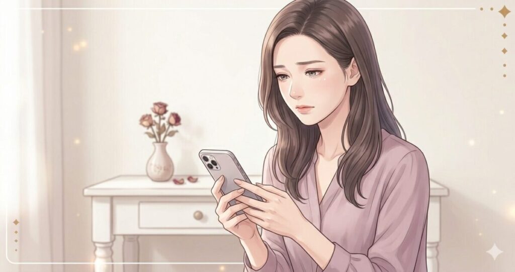 スマホを見る女性
・恋愛不安イメージ
・少し悩んでいる表情

