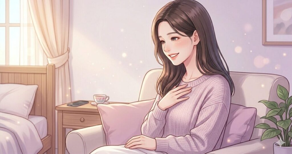前向きになった女性
・朝の自然光
・安心した表情
・気持ちが軽くなった雰囲気
