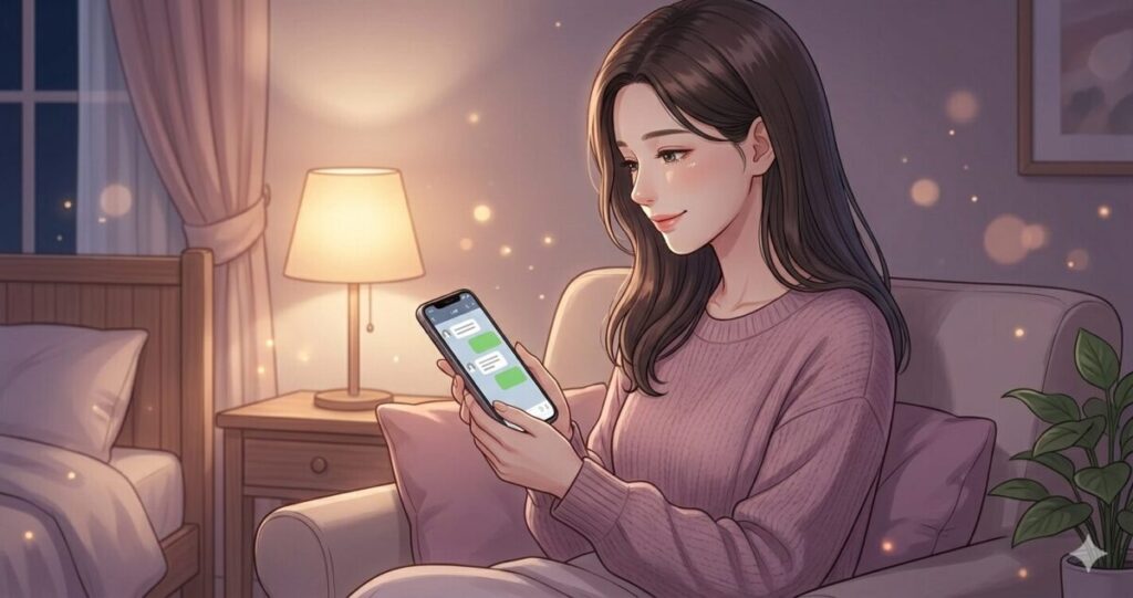 LINE画面を見る女性
・少し安心した表情
