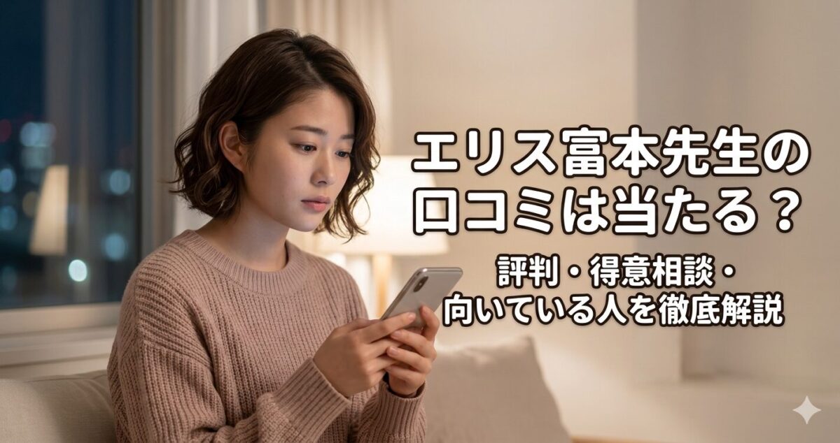 エリス富本先生の口コミは当たる？ 評判・得意相談・向いている人を徹底解説 「恋愛の不安を抱えながら、安心感を求めている女性」 スマホを持ちながら静かに考え込んでいる