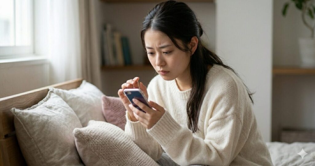 「相手の気持ちが分からず、不安を抱えている女性」
スマホを見つめながら考え込んでいる
