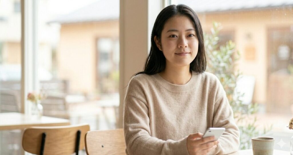 「恋愛の不安が少し整理され、安心感を取り戻している女性」
スマホを軽く持ちながら落ち着いている

