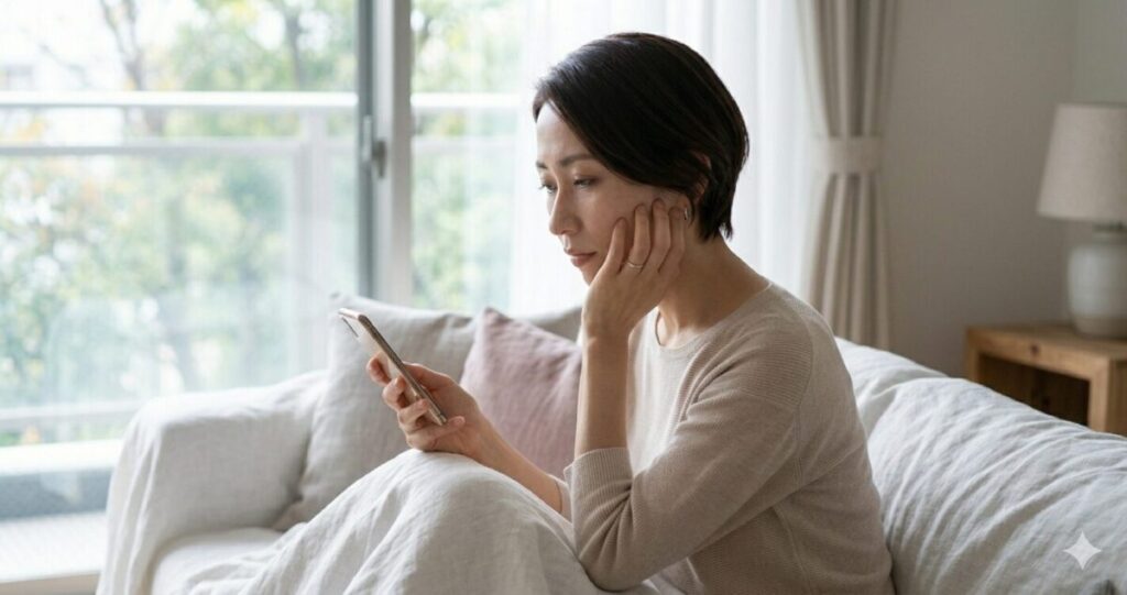 「相手の気持ちが分からず、不安を抱えている女性」
スマホを見つめながら悩んでいる