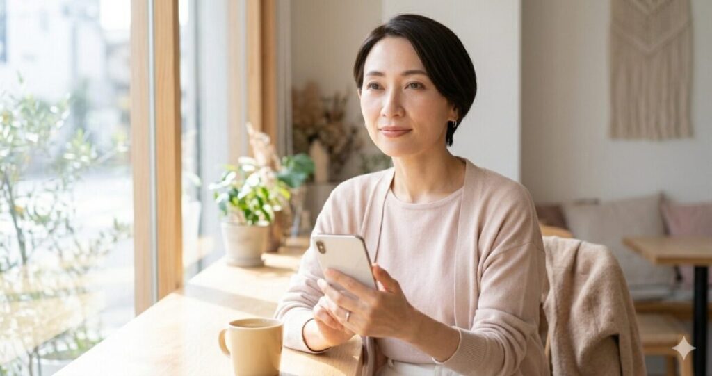 「恋愛の不安が少し整理され、安心感を取り戻している女性」
スマホを軽く持ちながら落ち着いている
