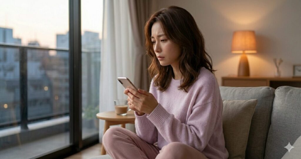 「相手の気持ちが分からず、不安を抱えている女性」
スマホを見つめながら悩んでいる