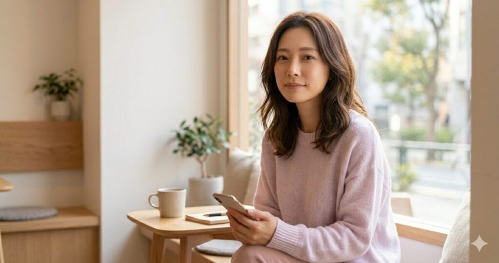 「恋愛の不安が少し整理され、安心感を取り戻している女性」
スマホを軽く持ちながら落ち着いている