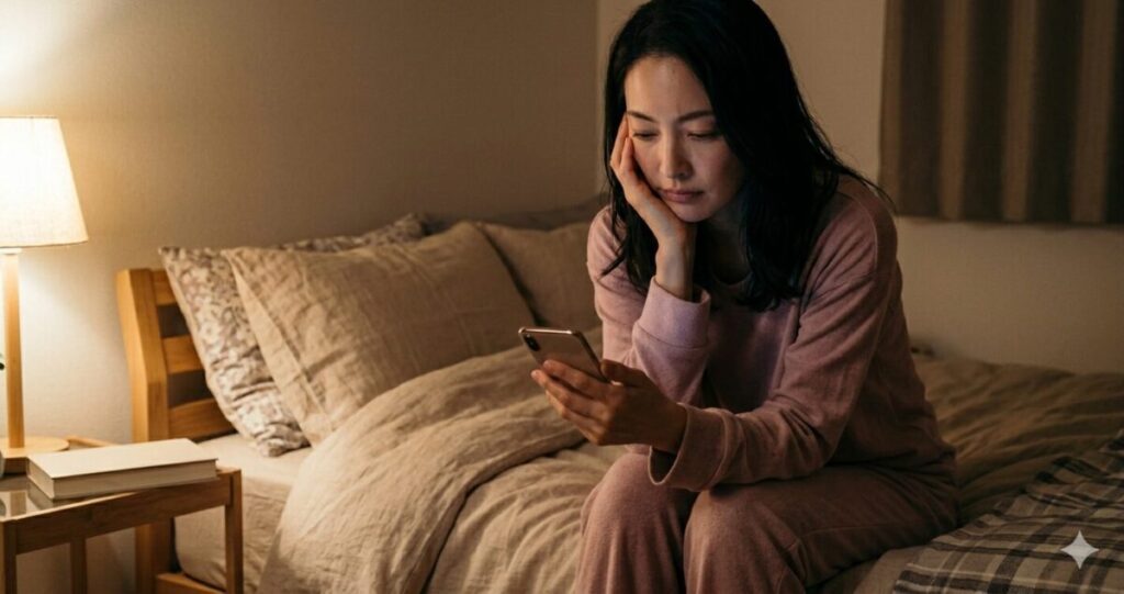 「相手の気持ちが分からず、不安を抱え込んでいる女性」
スマホを見ながら考え込んでいる
