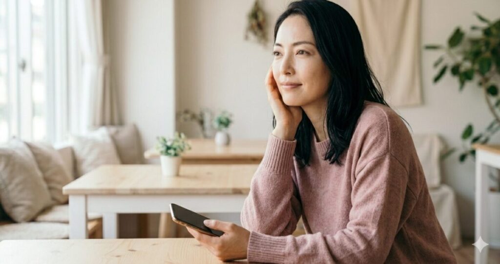 「恋愛の不安が少し落ち着き、安心感を取り戻している女性」
スマホを軽く持ちながら落ち着いている
