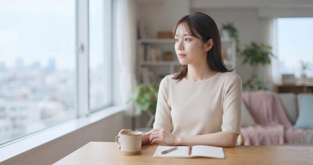 失恋による悲しみを抱えながら、自分の気持ちと向き合おうとしている女性
窓辺に座り、遠くを見つめながら静かに考え込んでいる