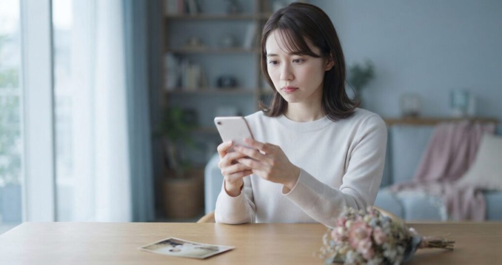 別れた相手の気持ちや本音を考えながら、スマートフォンを見つめる女性