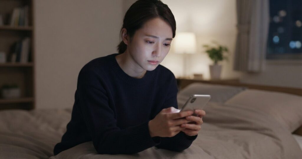 スマートフォンで元恋人のSNSを何度も確認してしまい、疲れた表情を浮かべる女性