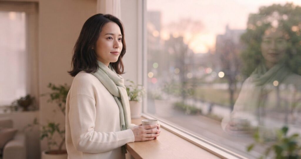 失恋を経験した女性が、過去を受け入れながら穏やかに前を向いている