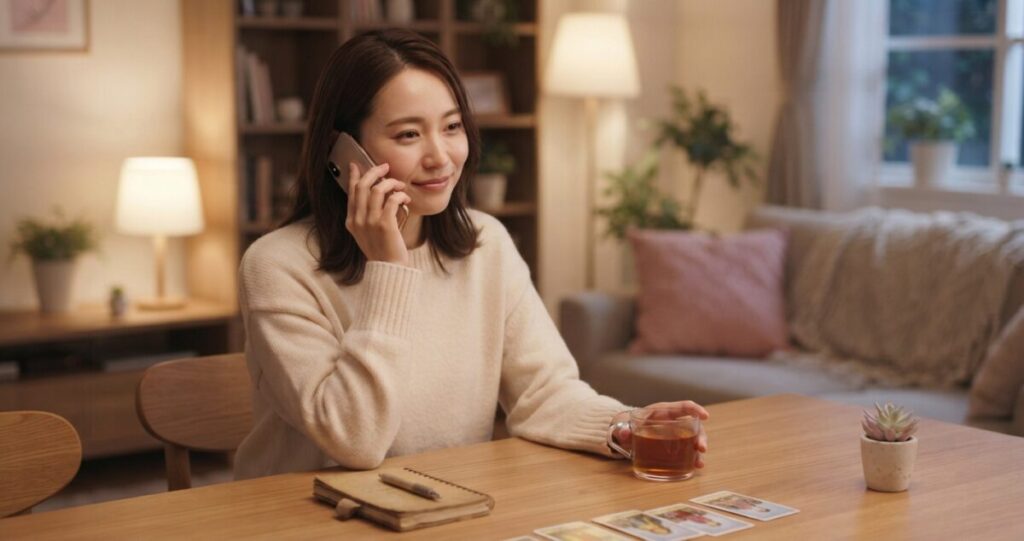 失恋について電話で相談しながら、少しずつ落ち着きを取り戻している女性
