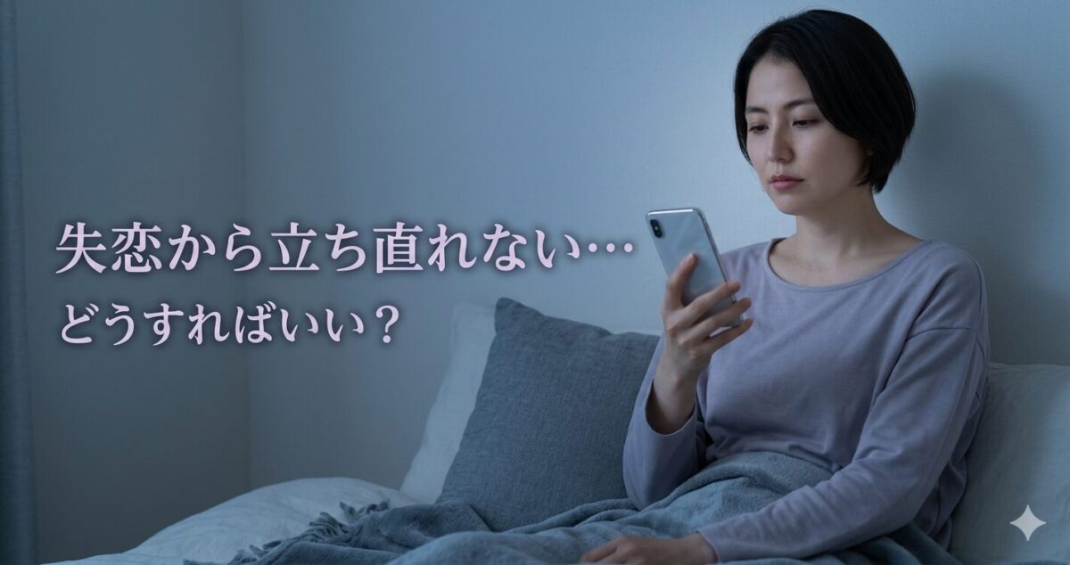 失恋して気持ちが整理できず悩んでいる女性 スマホを手に持ちながら、少しぼんやりと考え込んでいる20代〜30代女性