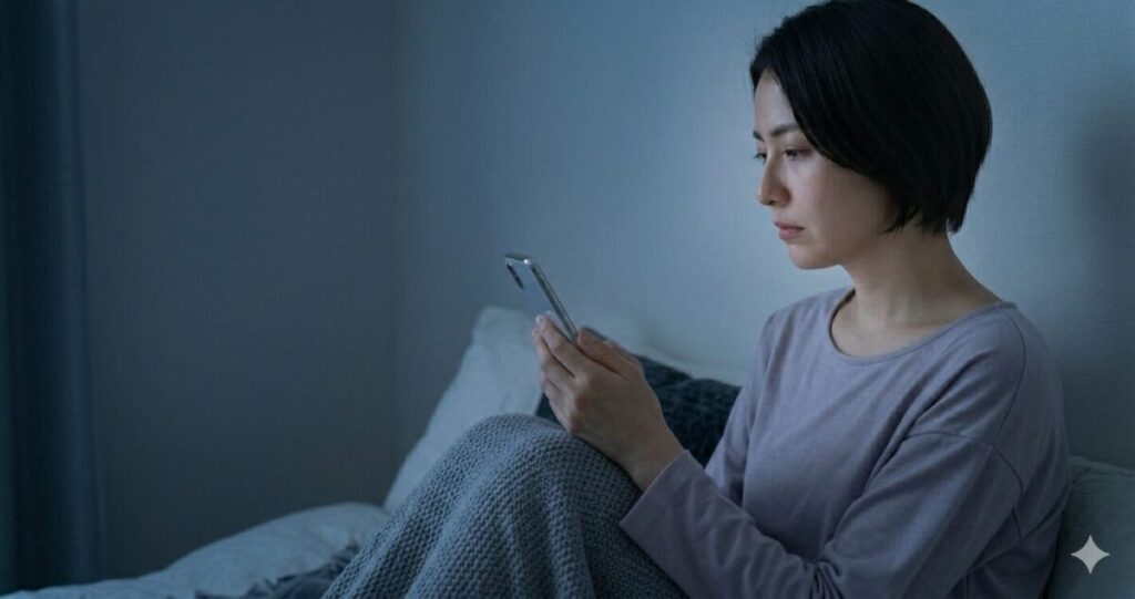 失恋後のつらい感情（引きずっている状態）
ベッドやソファでスマホを見ながら過去のやり取りを思い出している女性