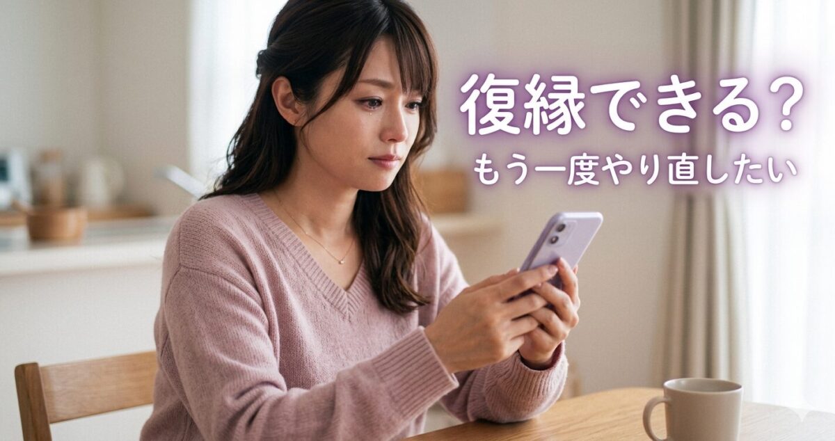 復縁できる？ もう一度やり直したい 復縁したいと悩む女性 少し切なそうな表情でスマホを見ている女性