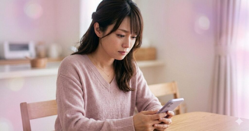 復縁に悩む女性
下向きにスマホを見て悩む女性