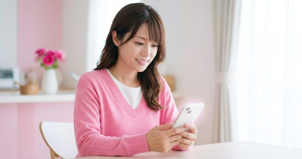 前向きな気持ちになった女性
やわらかい笑顔でスマホを見て少し安心した女性