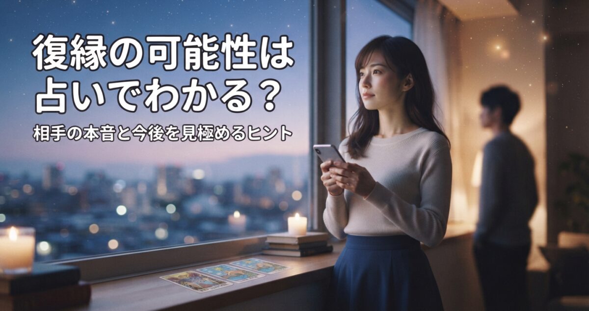 復縁の可能性は占いでわかる？ 相手の本音と今後を見極めるヒント 元恋人との復縁について悩んでいるような表情で、スマートフォンを手にしながら遠くを見つめている女性