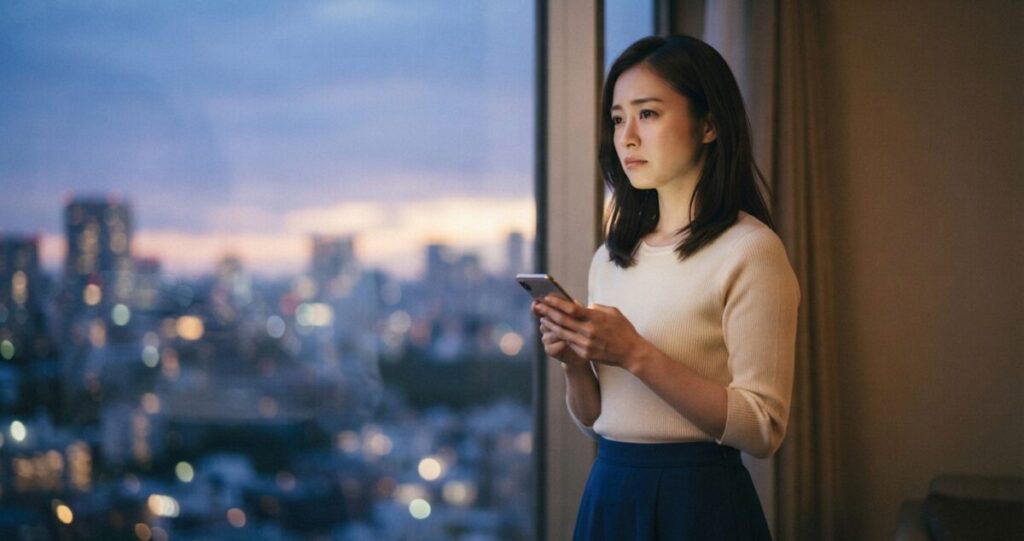 元恋人との復縁を望みながら、相手の気持ちや二人の未来について悩んでいる女性
スマートフォンを手に持ち、少し寂しそうに遠くを見つめている