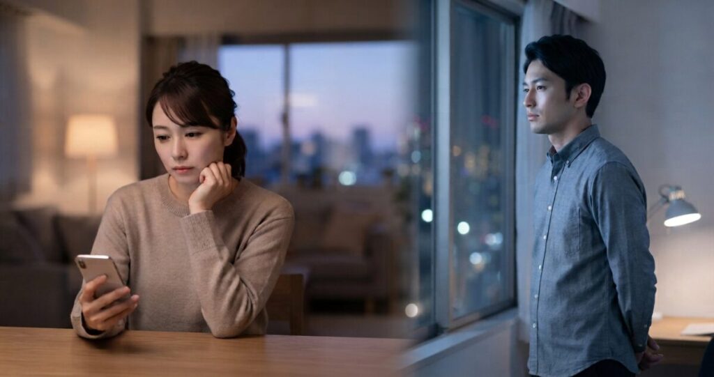 離れて暮らす元恋人同士が、それぞれ相手のことを考えている様子。直接会ってはいないものの、心の中では過去の関係を思い返しているような雰囲気。
女性は手元のスマートフォンを見ながら考え込んでおり、男性は別の場所で窓の外を眺めている