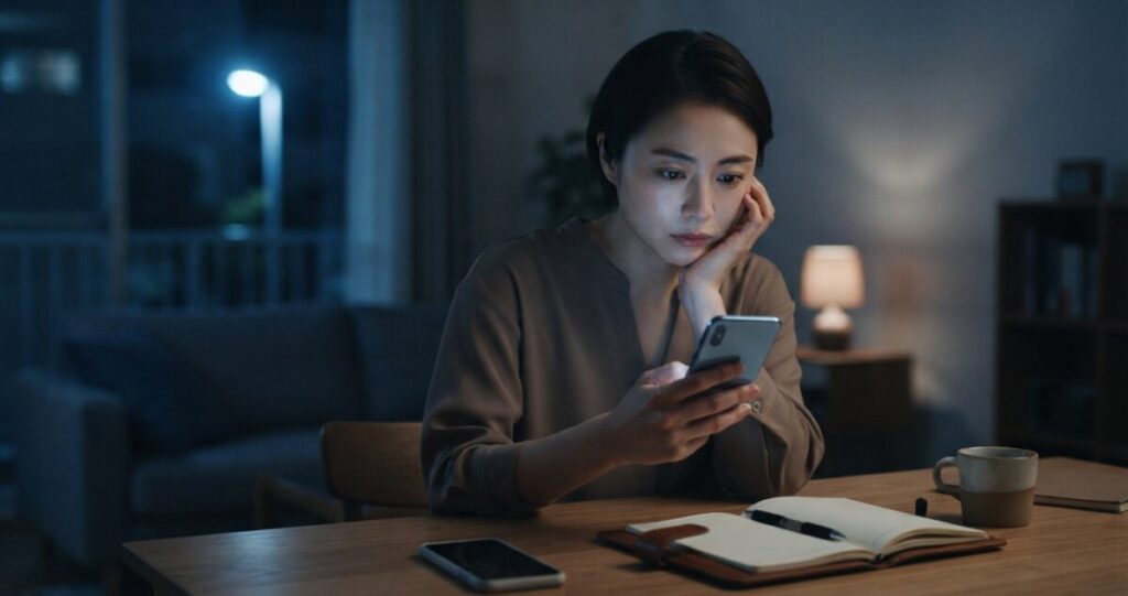 スマートフォンを何度も確認しながら、相手への連絡を迷っている女性