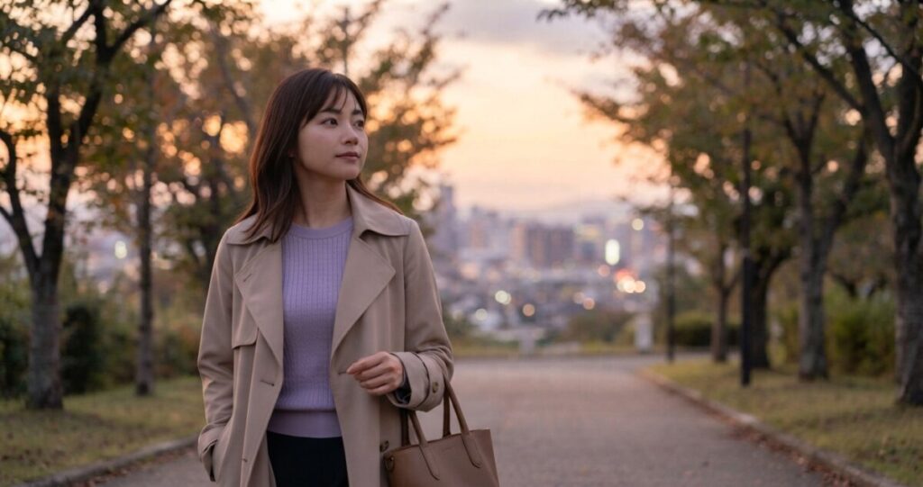夕暮れの道を一人で歩きながら、前を向いている女性。元恋人との関係を大切に思いながらも、焦って答えを求めず、自分自身の未来について考えている