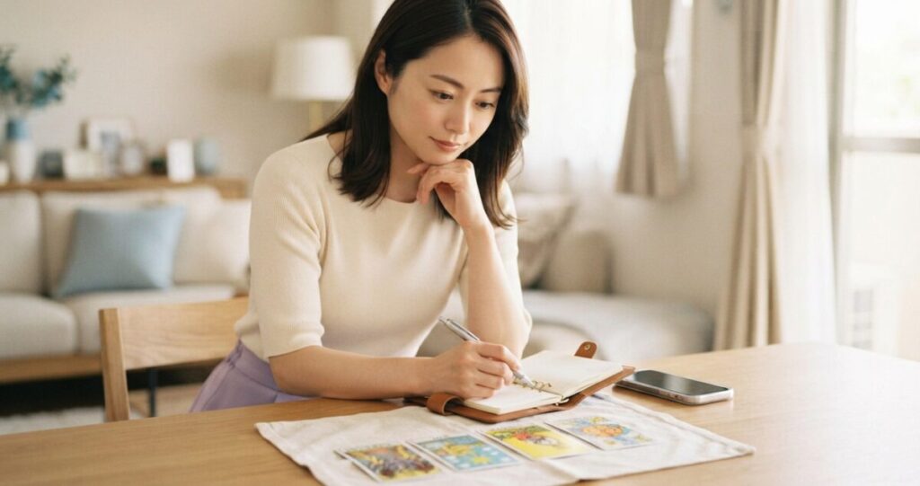 占いを通して、復縁の可能性や二人の今後について静かに考えている女性
テーブルの上に置かれたタロットカードを見ながら、落ち着いて考えている姿