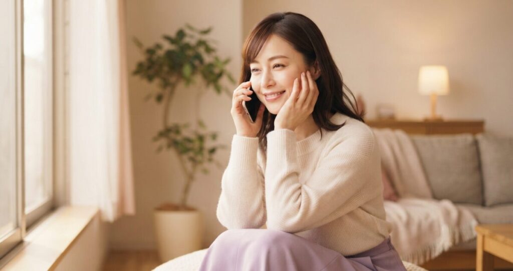 電話占いで復縁について相談している女性
スマートフォンを手に持ち、穏やかな表情で相談している