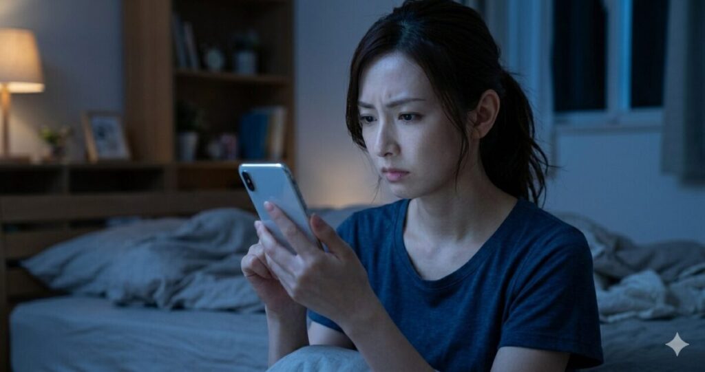 相手の気持ちが分からず、不安で動けない状態
夜の部屋で一人、スマホを見ながら考え込んでいる
