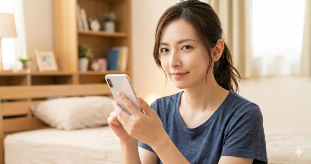 気持ちが整理されて、少し前向きになれた状態
昼の部屋、自然光の中で落ち着いてスマホを見ている

