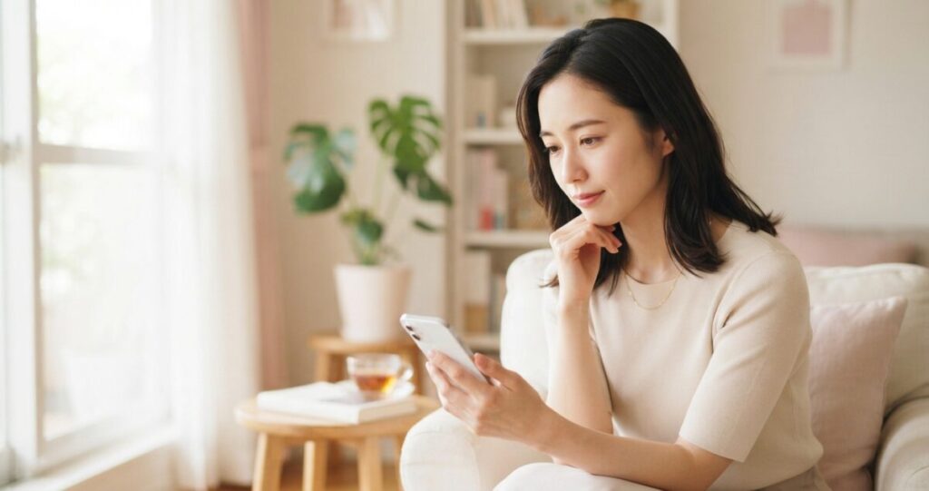 好きな人への片思いに悩み、相手の気持ちや今後について考えている女性
スマートフォンを手に持ち、少し考え込んでいる
