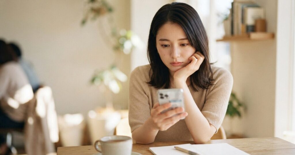 好きな人とのやり取りを思い返しながら、相手の心理や本音について考えている女性
スマートフォンを見ながら、届いたメッセージや過去の会話を思い返している