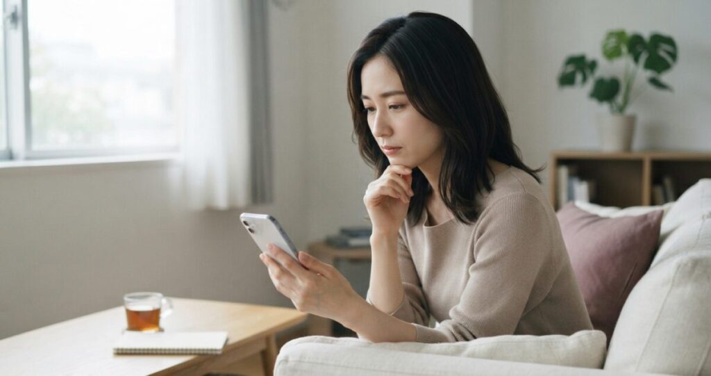 スマートフォンで相手へ連絡しようとしながら、一度立ち止まって考えている女性
