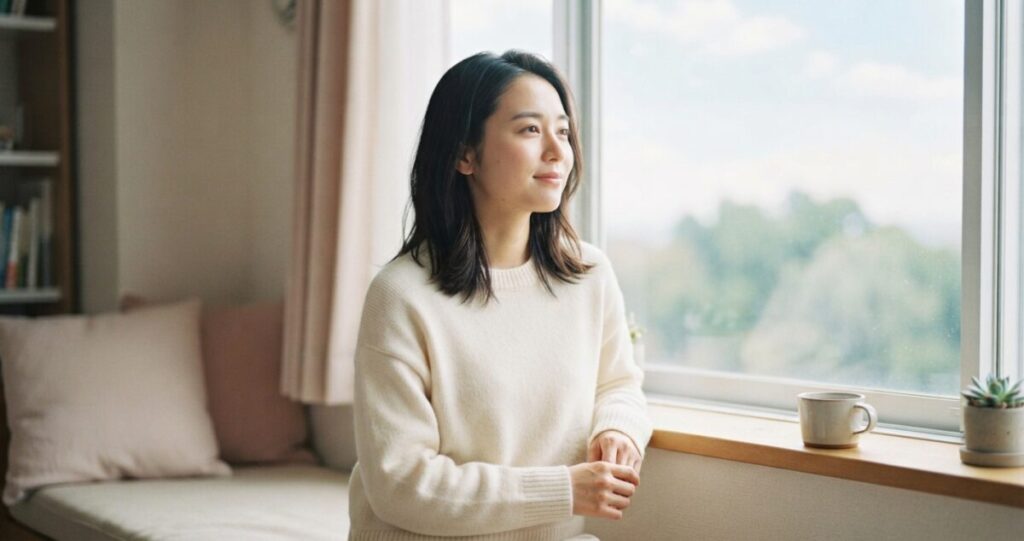 片思いの不安や迷いを抱えながらも、自分の気持ちを整理して前向きな一歩を考えている女性。恋愛の答えを急がず、自分自身と向き合っている