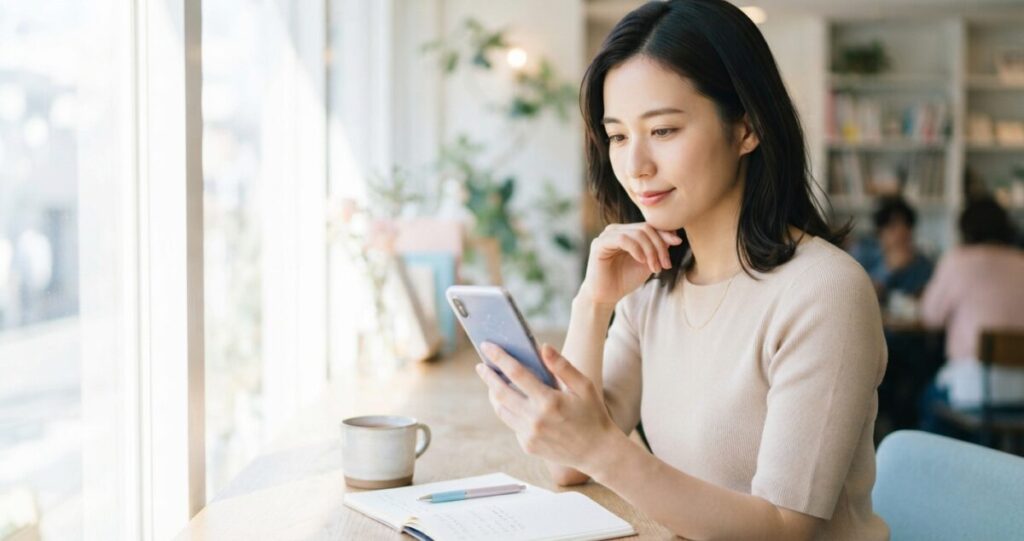 相手からの連絡や会話などを思い返しながら、片思いのサインがあるのかを冷静に考えている女性
スマートフォンを確認しながら穏やかに考えている