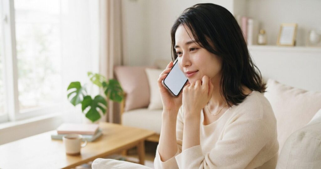 電話占いで片思いの悩みを相談している女性。相手の気持ちや今後について話しながら、少しずつ気持ちが整理されていく様子。
スマートフォンを耳に当て、安心した表情で会話している