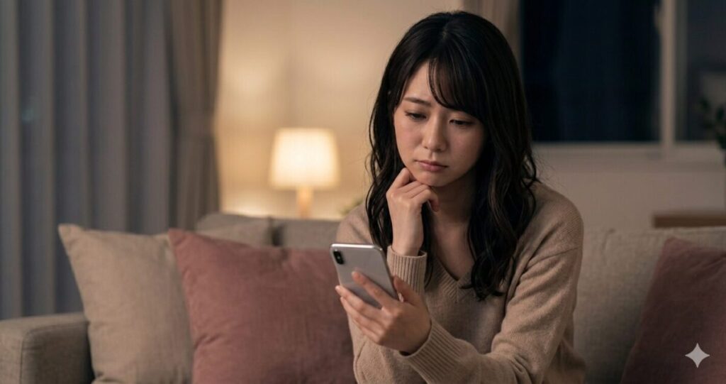相手の気持ちが分からず、不安を抱え込んでいる女性
少し疲れた表情でスマホを見ながら悩んでいる
