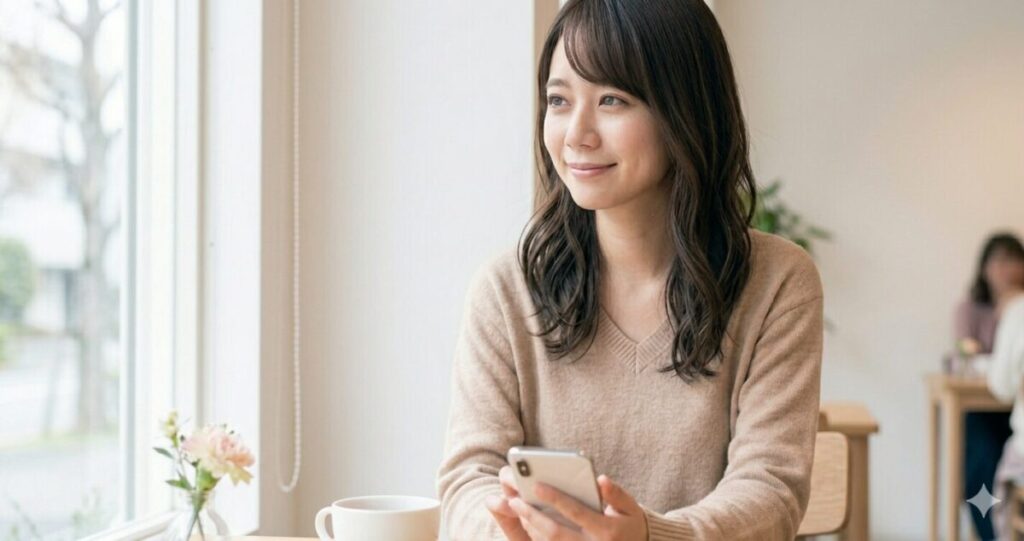 不安だった気持ちが少し落ち着き、安心感を取り戻している女性
窓際やカフェで落ち着いた表情をしている