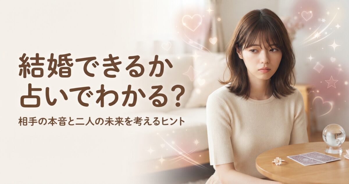 結婚できるか占いでわかる？ 相手の本音と二人の未来を考えるヒント 「結婚できるか占い」をテーマに、恋人との結婚や将来について悩みながらも、前向きに未来を考えようとしている女性