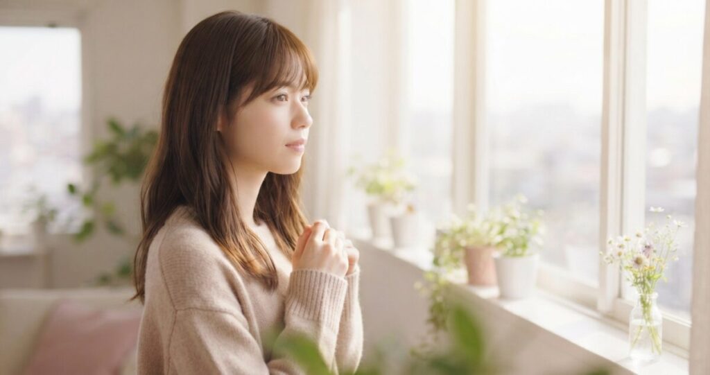 結婚できるか分からず、恋人との将来に不安や迷いを感じながら、自分の未来について静かに考えている女性
窓辺で遠くを見つめながら、将来について考えているような穏やかな表情
