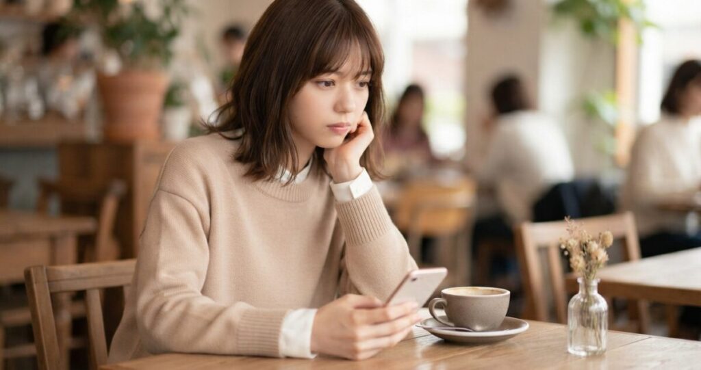 恋人との将来や結婚について考えながら、相手の気持ちを知りたいと思っている女性
スマートフォンを手にしながら「相手はどう思っているのだろう」と静かに考えている