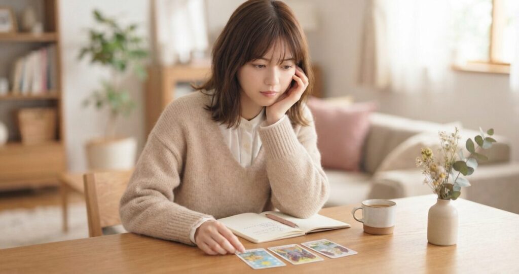 占いの結果に迷いながらも、一度立ち止まって自分の気持ちを整理しようとしている女性
テーブルに座り、少し考えながら手元の占いカードを見ている