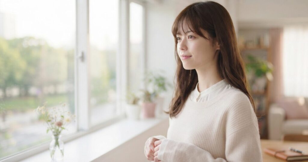 恋愛や結婚について悩んできた女性が、気持ちを整理し、これからの未来を前向きに見つめている
窓辺で穏やかな表情を浮かべ、明るい未来を見つめている