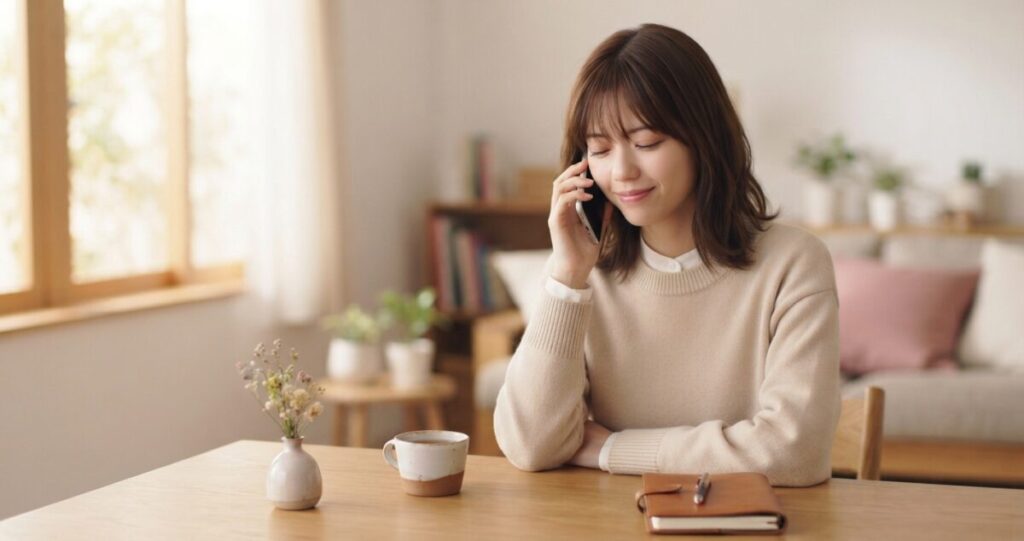 電話占いを通して恋愛や結婚への不安を相談し、気持ちを整理しようとしている女性
スマートフォンを耳に当て、安心したような穏やかな表情。
