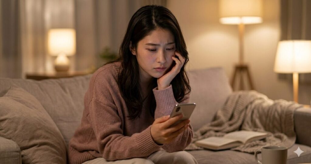 「恋愛の不安で気持ちがいっぱいになっている女性」
スマホを見ながら悩んでいる
