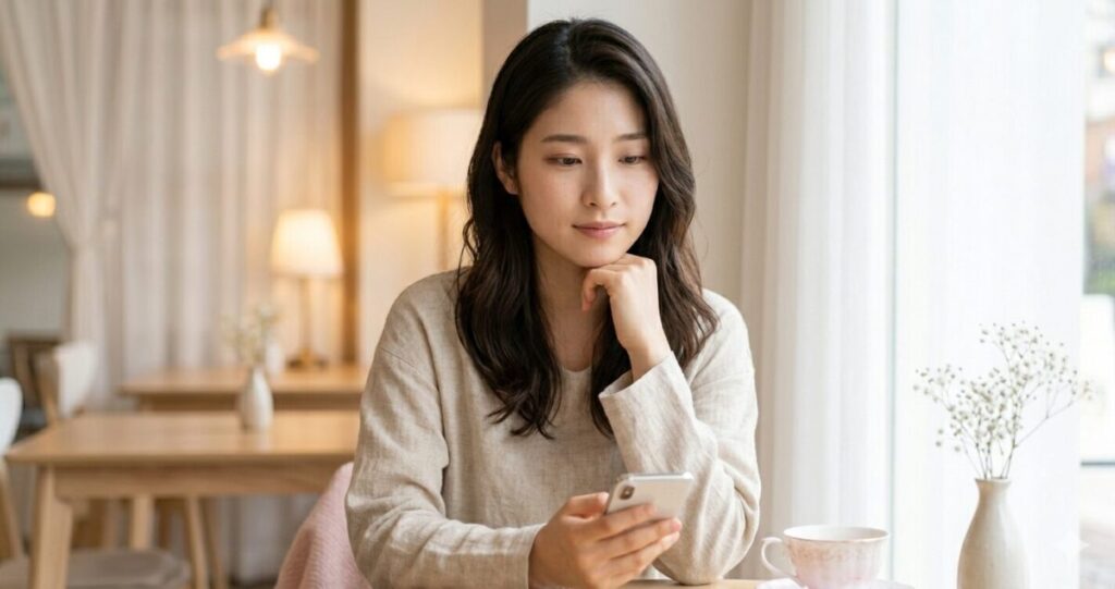 「不安だった気持ちが少し落ち着き、安心感を取り戻している女性」
スマホを軽く持ちながら落ち着いている
